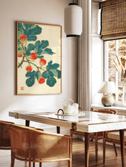 Japanese style botanical fig fruit branch illustration with red figs and green leaves on a cream, in a styled room mockup