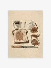 Illustrative breakfast art print featuring a slice of fig toast, fresh figs, and condiments on textured paper background