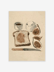Illustrative breakfast art print featuring a slice of fig toast, fresh figs, and condiments on textured paper background