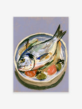 Still life fish on plate with olives and tomatoes, lavender background, expressive brushstrokes