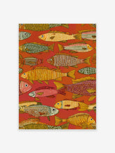 Folk art style fish wall art print with intricate patterns in red, orange, yellow, and green on a warm red background.
