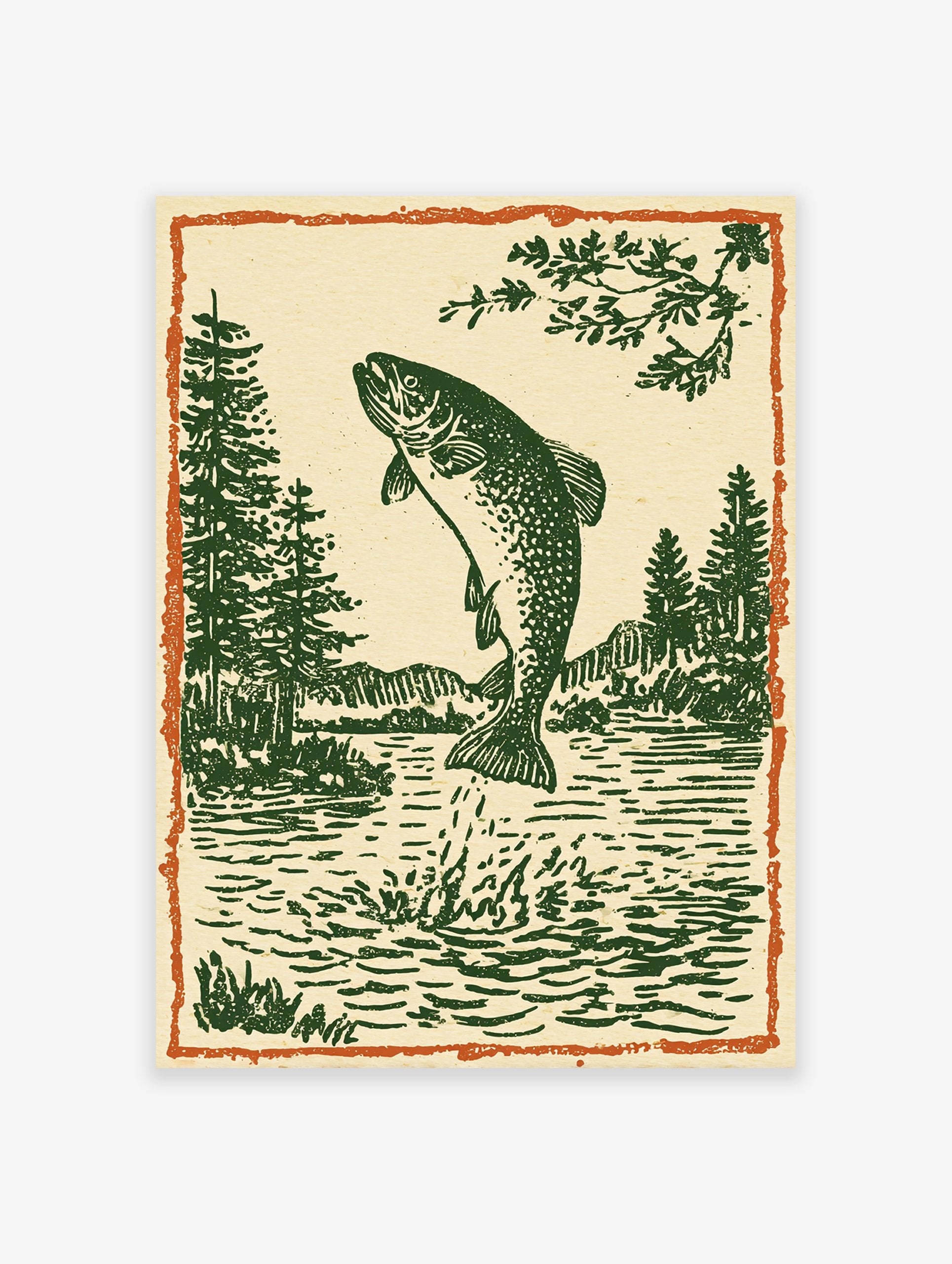 Woodcut style illustration of a jumping trout fish in a lake with pine trees and mountains, framed by an orange border.