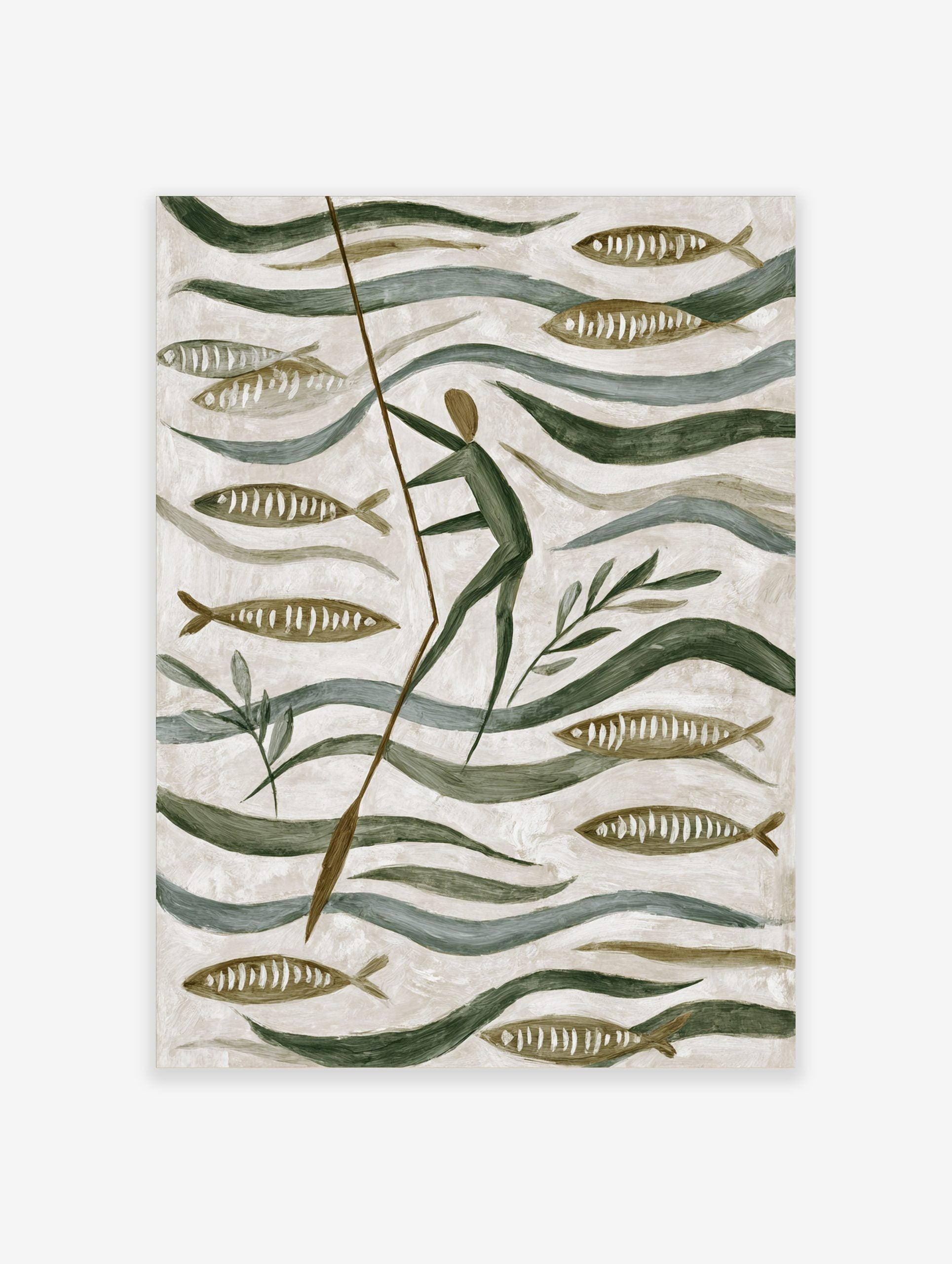 Stylised folk art painting of a person poling through water with fish and green plants in earthy tones
