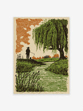 Woodcut style print of a fisherman by a stream with a large weeping willow tree and orange sky