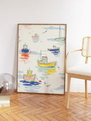 Colorful fishing boats and sailboats illustration on calm water with seagulls in a pastel, hand-sketched style. - Image 2