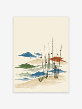 Fishing rods landscape poster with stylised hills in blue, green, red, and beige
