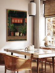 Illustrated poster of five cats sitting in front of a traditional Japanese shop with red banners and green plants. - Image 2