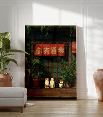 Illustrated poster of five cats sitting in front of a traditional Japanese shop with red banners and green plants. - Image 3