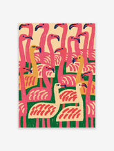 Flamingo flock wall art with pink, orange, cream birds on green background, stylised illustration