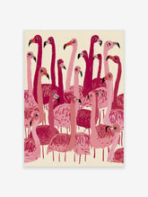 Illustration of a dense flock of pink flamingos with long necks and curved beaks on a cream background