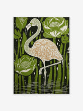Illustrative flamingo bird art print in water with green water lilies and reeds, white details, dark background