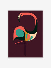 Geometric flamingo art print with coral neck, teal wing circle, and cream beak on plum background