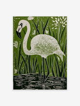 White flamingo in linocut style, standing in water among green reeds and white flowers