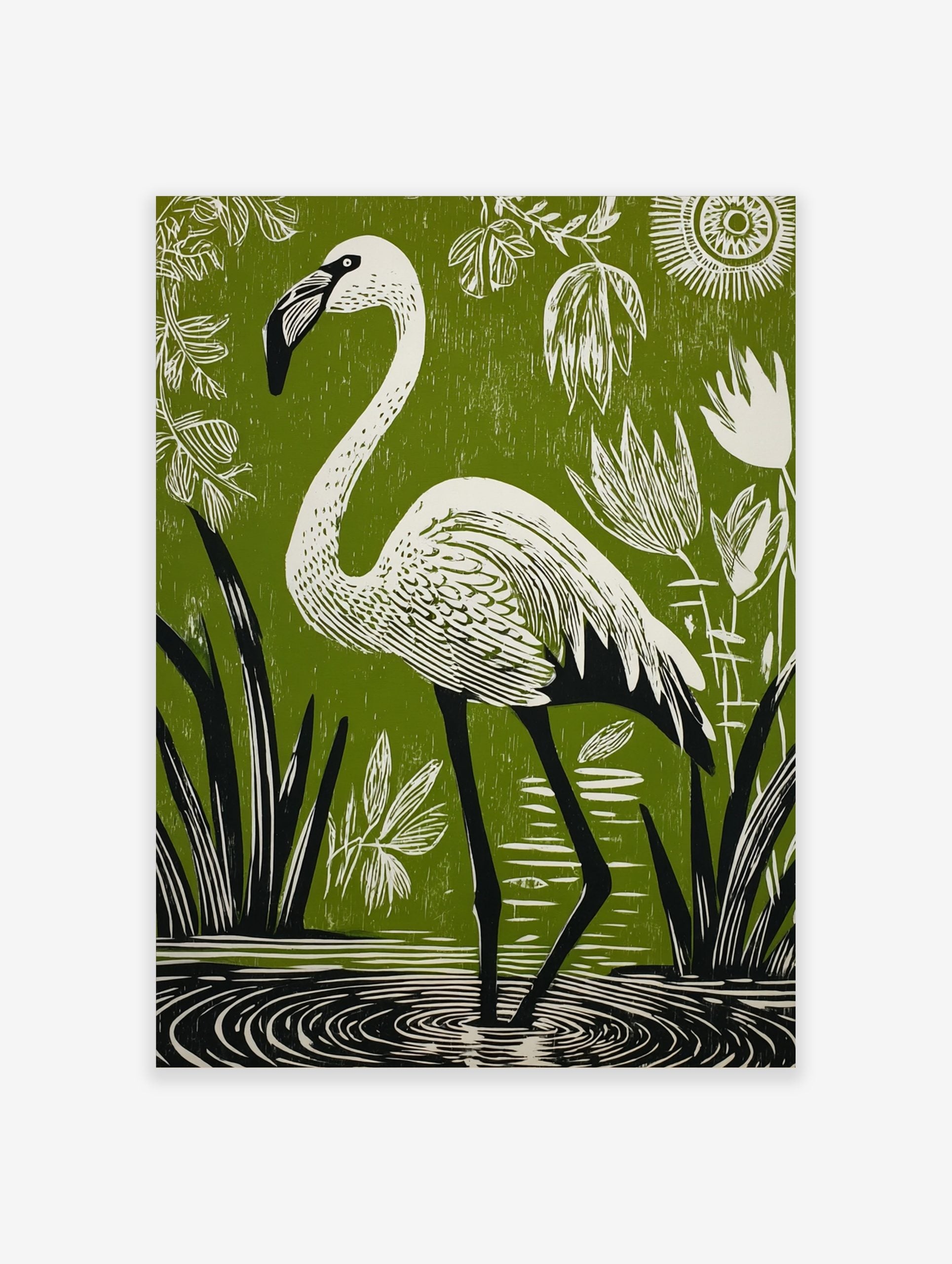White flamingo in linocut style, wading in water with green background, white plants, and stylised sun