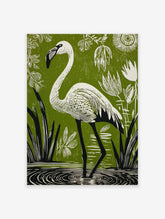 White flamingo in linocut style, wading in water with green background, white plants, and stylised sun