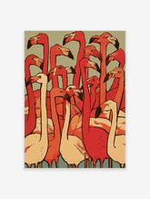 Flamingo wall art print with a dense flock of pink and red flamingos on a green background