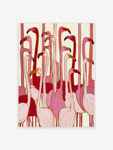 Flamingo wall art print with pink flamingos in various poses, gold outlines, cream background