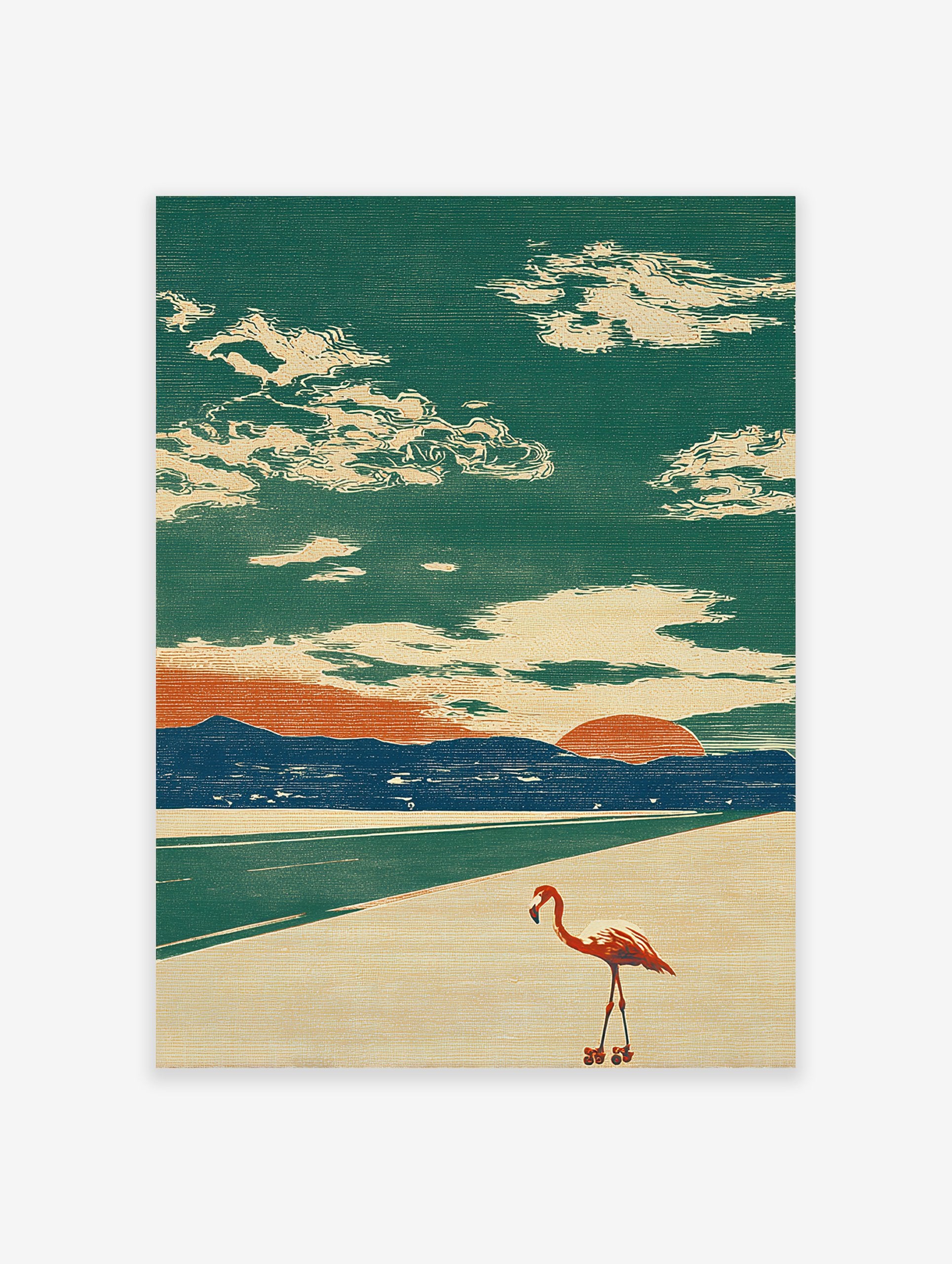 Flamingo Wall Art: Retro illustration of a flamingo on roller skates on a beach road at sunset with mountains and clouds.