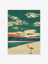 Flamingo Wall Art: Retro illustration of a flamingo on roller skates on a beach road at sunset with mountains and clouds.