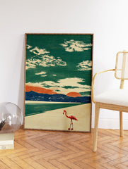 Flamingo Wall Art: Retro illustration of a flamingo on roller skates on a beach road at sunset with mountains and clouds. - Image 2