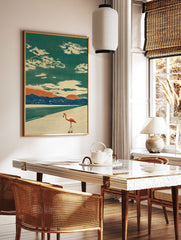 Flamingo Wall Art: Retro illustration of a flamingo on roller skates on a beach road at sunset with mountains and clouds. - Image 3