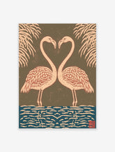 Flamingo wall art print with two flamingos forming a heart shape, palm leaves and blue water
