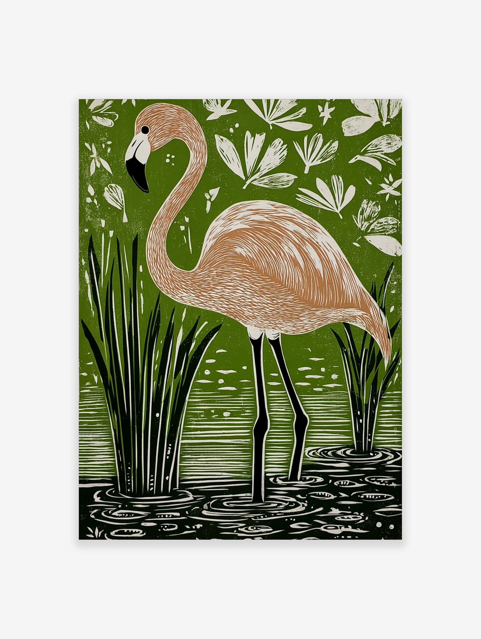 Linocut style art print of a flamingo standing in green water with reeds and white tropical foliage