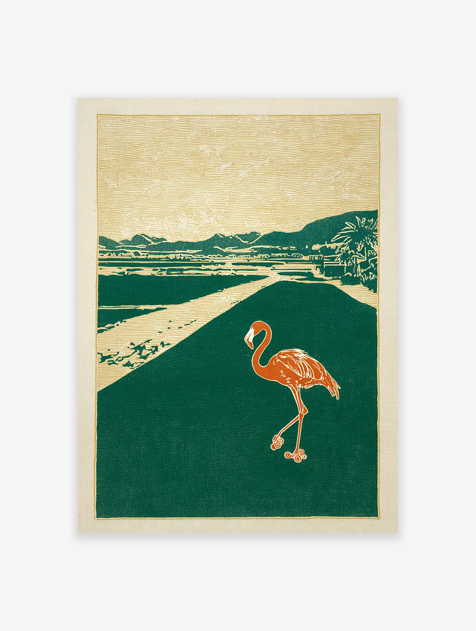 Flamingo walking on a path in a tropical landscape art print with green, gold, and orange colors in a block print style.