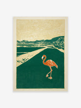 Flamingo walking on a path in a tropical landscape art print with green, gold, and orange colors in a block print style.