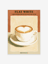 Flat white coffee poster with heart latte art in a cup, bold text and beige background