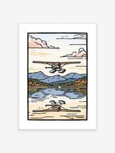 Floatplane illustration landing on a mountain lake with reflection, earthy tones, illustrative style