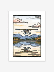 Floatplane illustration landing on a mountain lake with reflection, earthy tones, illustrative style
