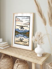 Floatplane illustration landing on a mountain lake with reflection, earthy tones, in an alternate framed mockup