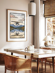 Floatplane illustration landing on a mountain lake with reflection, earthy tones, illustrative style, in a styled room mockup