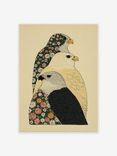 Illustrative floral bird wall art print featuring three falcons with botanical patterns on a light background.