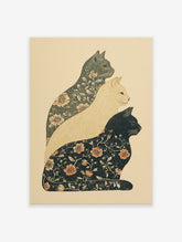 Floral cat art print featuring three stacked cats with botanical patterns in dark green, cream, and black on a light background.