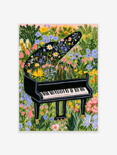 Floral piano wall art featuring a black grand piano overflowing with colourful garden flowers and lush green foliage