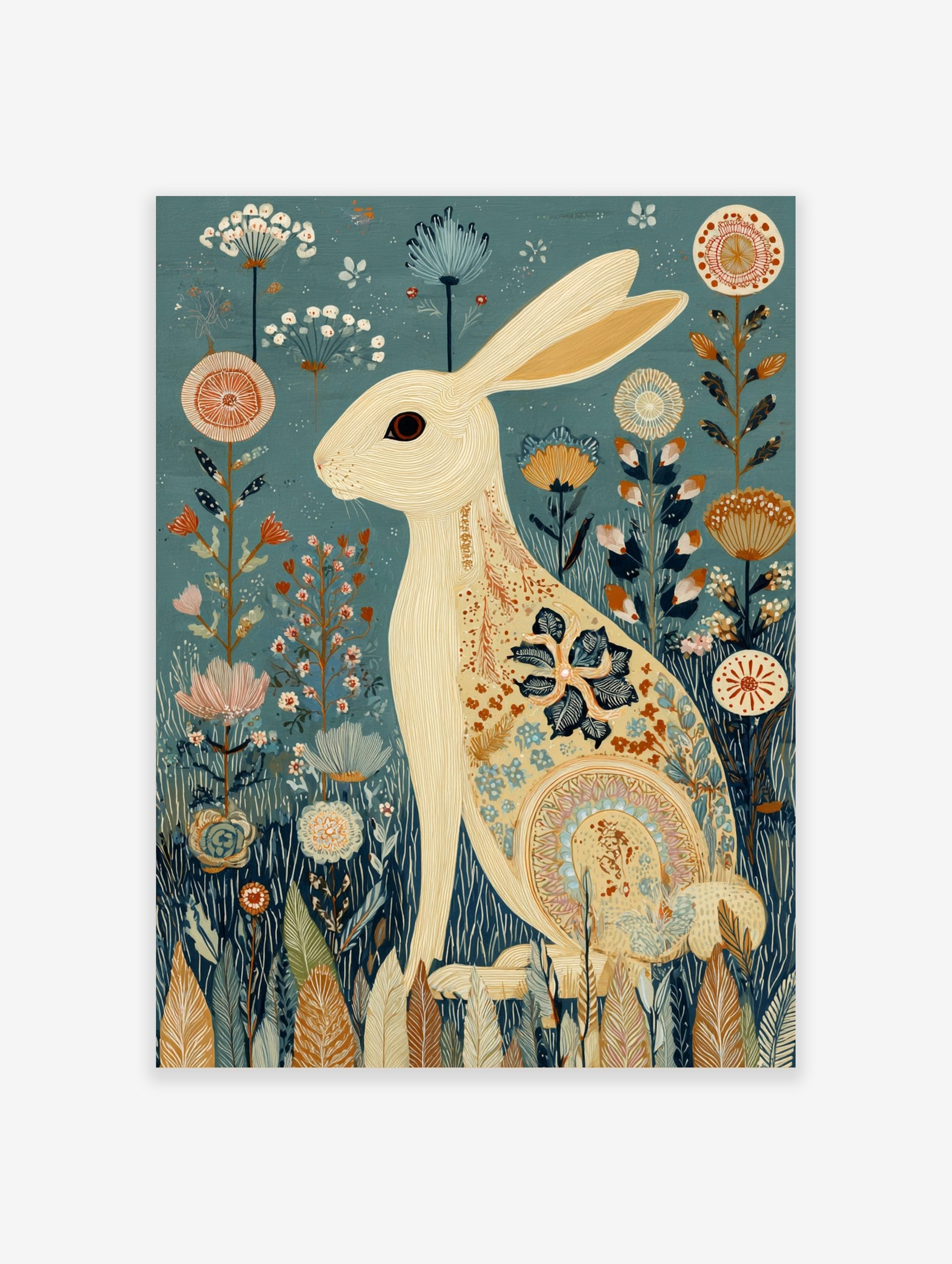 White rabbit with floral patterns sitting in a field of stylised flowers on a teal background