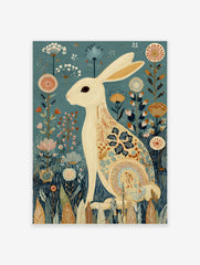 White rabbit with floral patterns sitting in a field of stylised flowers on a teal background