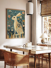 White rabbit with floral patterns sitting in a field of stylised flowers on a teal background, in a styled room mockup