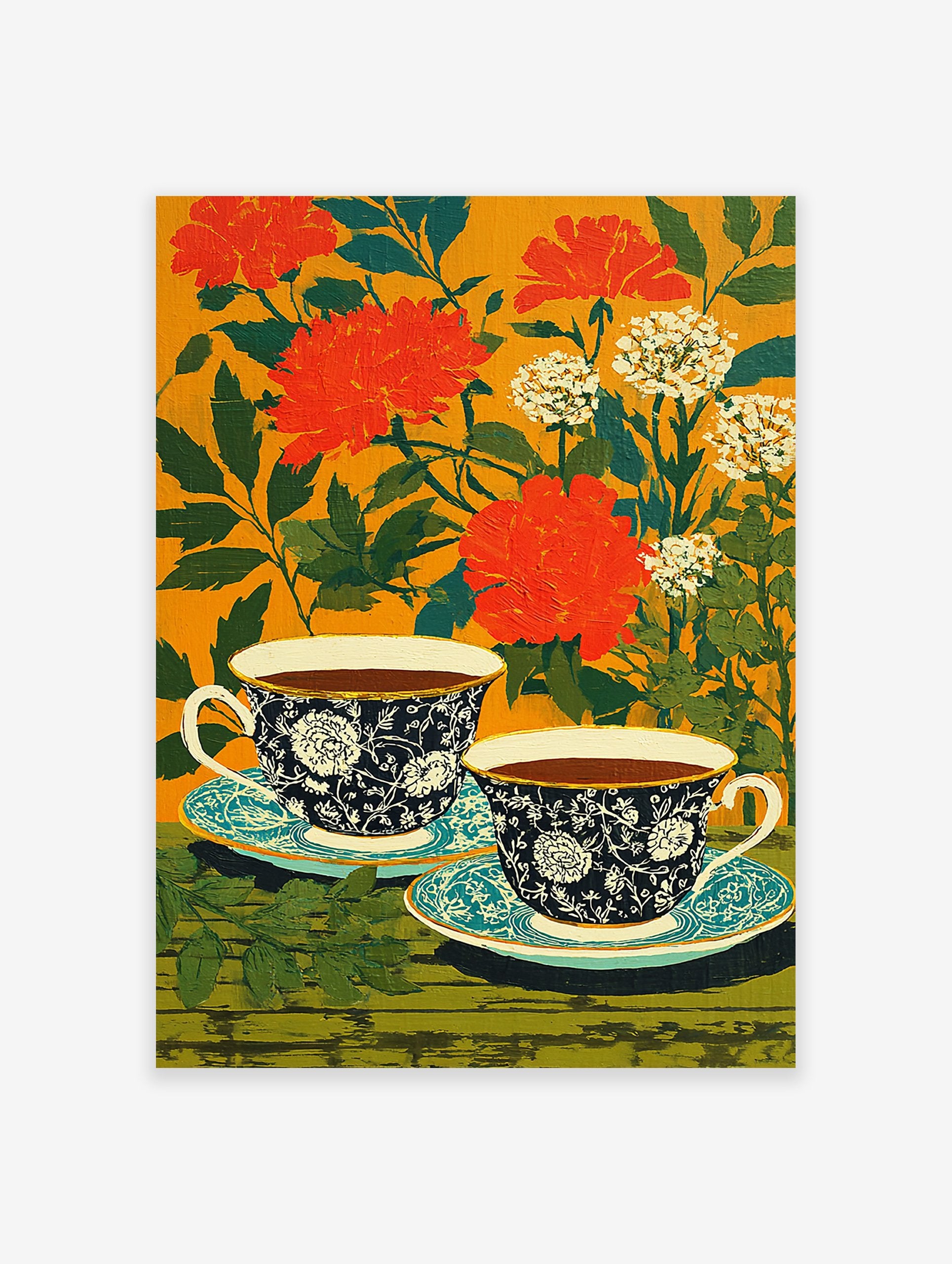 Floral tea cup poster with two dark blue patterned cups and saucers against an orange background with red flowers and green leaves.