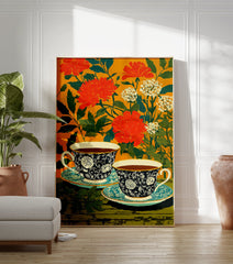 Floral tea cup poster with two dark blue patterned cups and saucers against an orange background with red flowers and green leaves. - Image 3