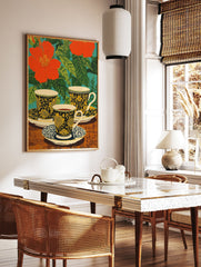 Floral tea cups poster with red flowers, green leaves, and black and yellow patterned cups on a wooden table. - Image 2