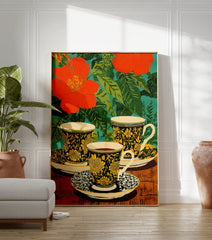 Floral tea cups poster with red flowers, green leaves, and black and yellow patterned cups on a wooden table. - Image 3