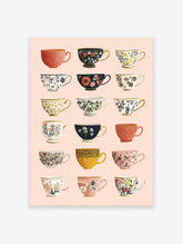 A grid of eighteen colorful teacups with various floral and botanical patterns on a light pink background.