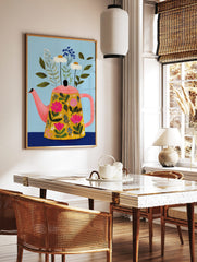 Illustrative print of a floral teapot with pink, white, and blue flowers, green leaves, on light blue background, in a
