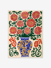 Illustrative red chrysanthemum flowers in a blue and yellow vase with green swirls on a cream background wall art print