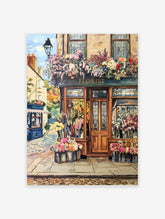 Painterly poster of a vintage florist shop with abundant colorful flowers in window boxes and on the street.