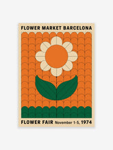 Vintage Flower Market Barcelona poster with a large orange and cream stylized flower, green leaves, and orange geometric background.