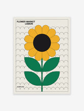 Flower Market Lisbon poster featuring a minimalist retro yellow sunflower illustration with green leaves and a black center on an off-white background.